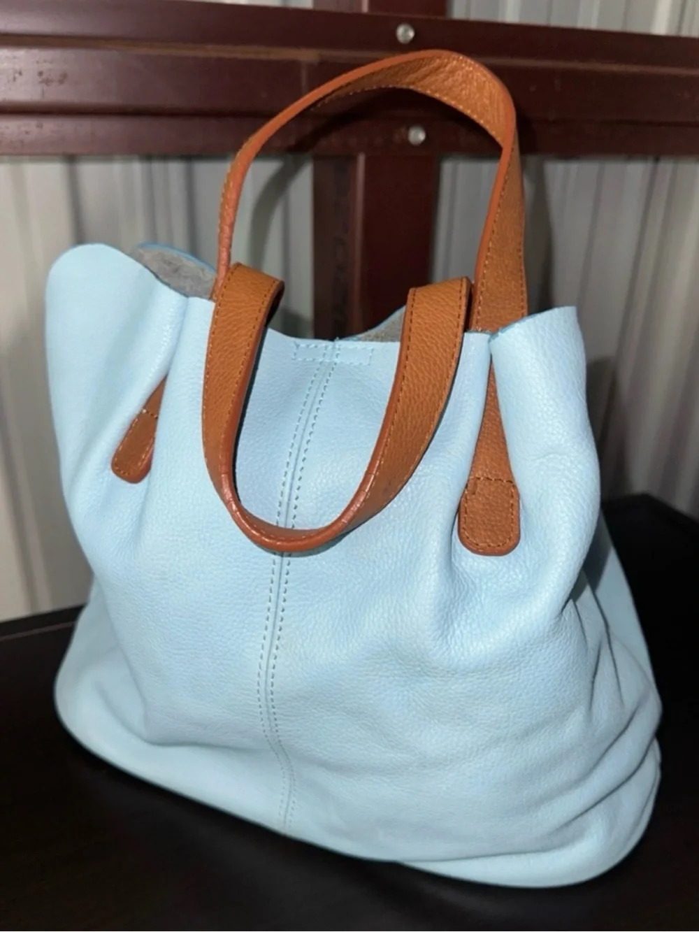 Everyday Light Blue Tote with Tan Handles - Women's Shoulder Bag - Picture 2 of 8